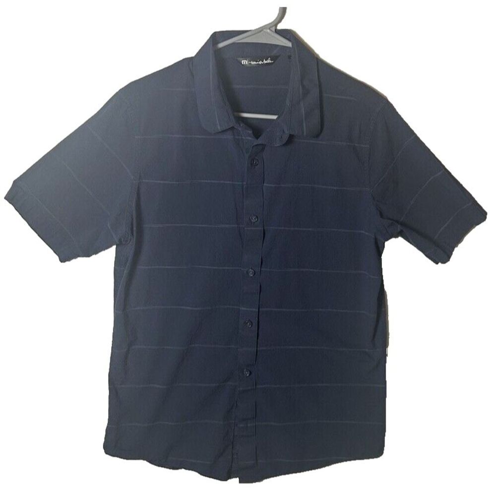 Travis Mathew Shirt Mens Medium Blue Striped Short Sleeve Button Up Stretch Golf